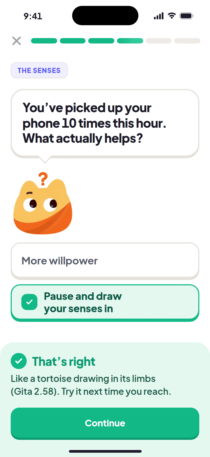 Lesson on the senses: for constant phone checking, “Pause and draw your senses in” is the right answer.