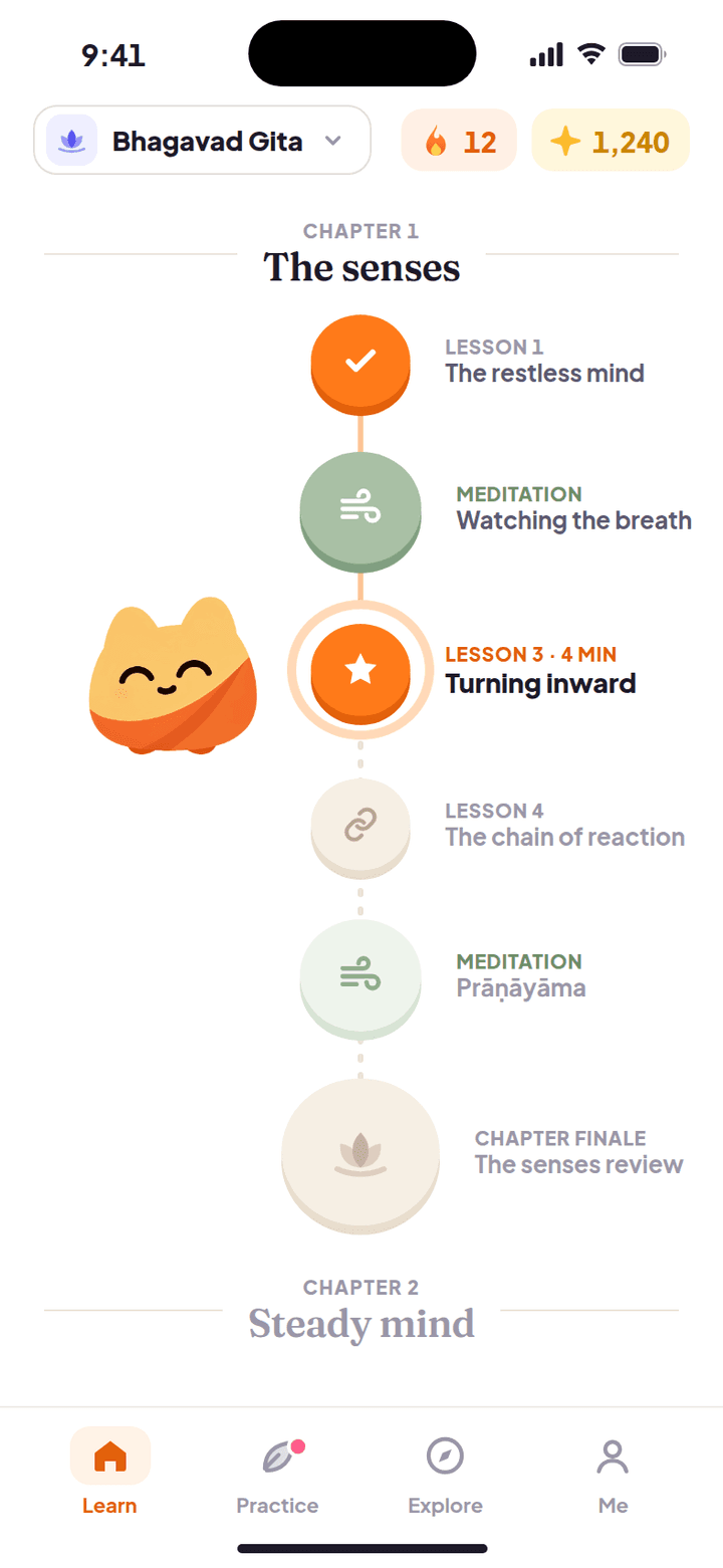 Learning path for The senses: “Turning inward” is next, then “The chain of reaction” and a Prāṇāyāma meditation.